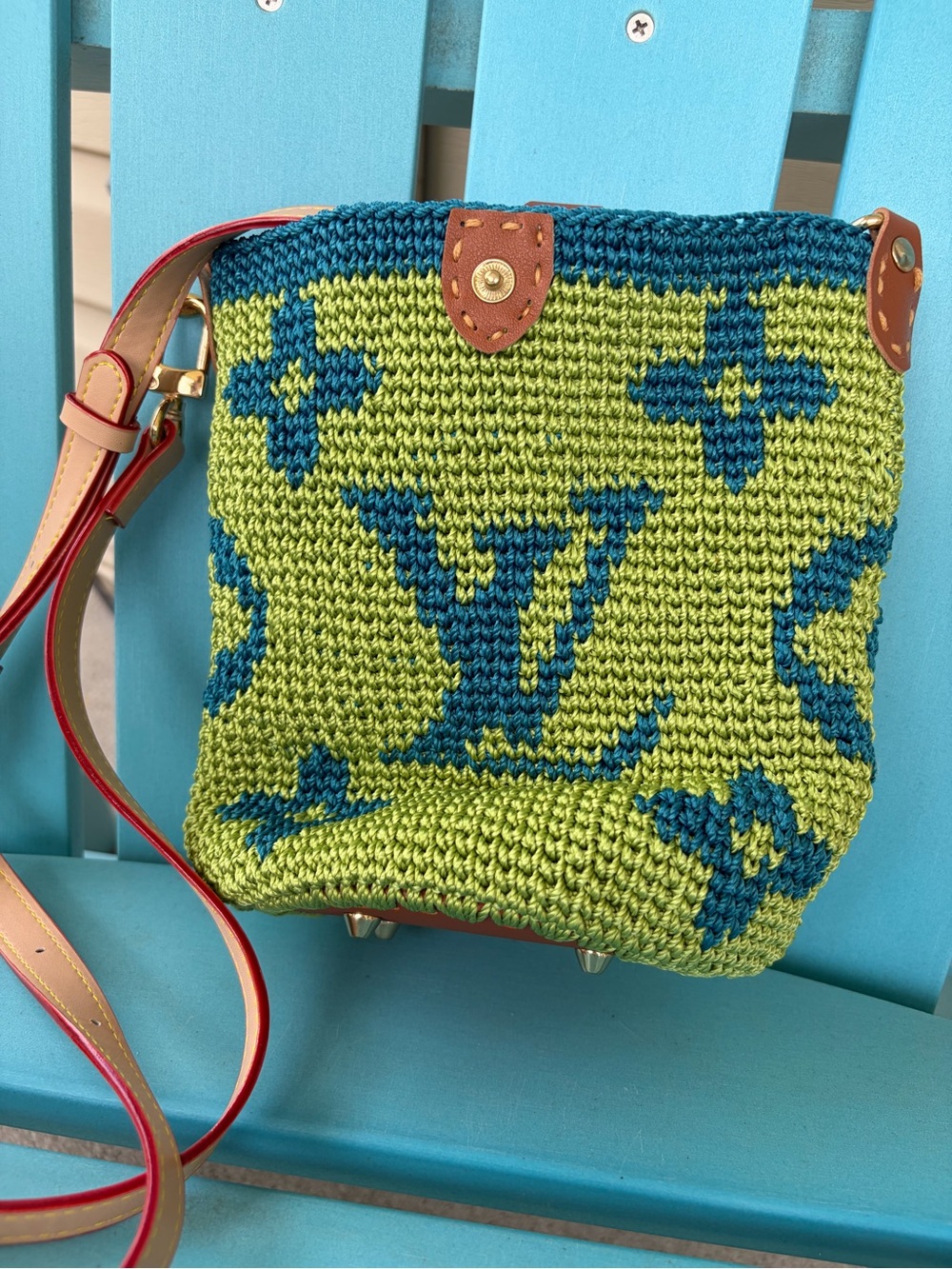 Crochet LV designer bucket bag crossbody purse green blue brown NWOT - Picture 5 of 9